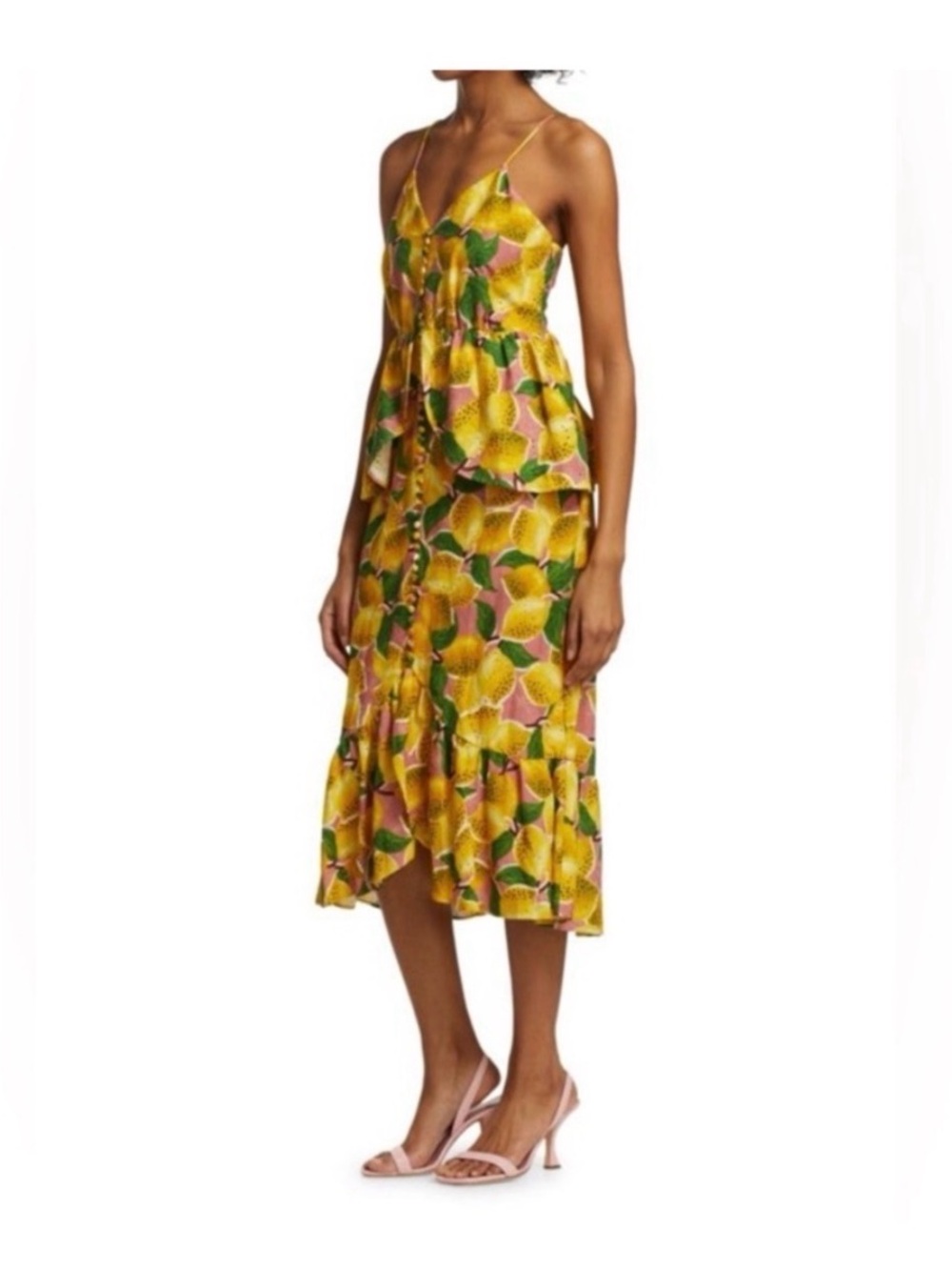 NWT FARM Rio Fresh Lemons Ruffle MIDI Dress - Yellow, Green and Pink